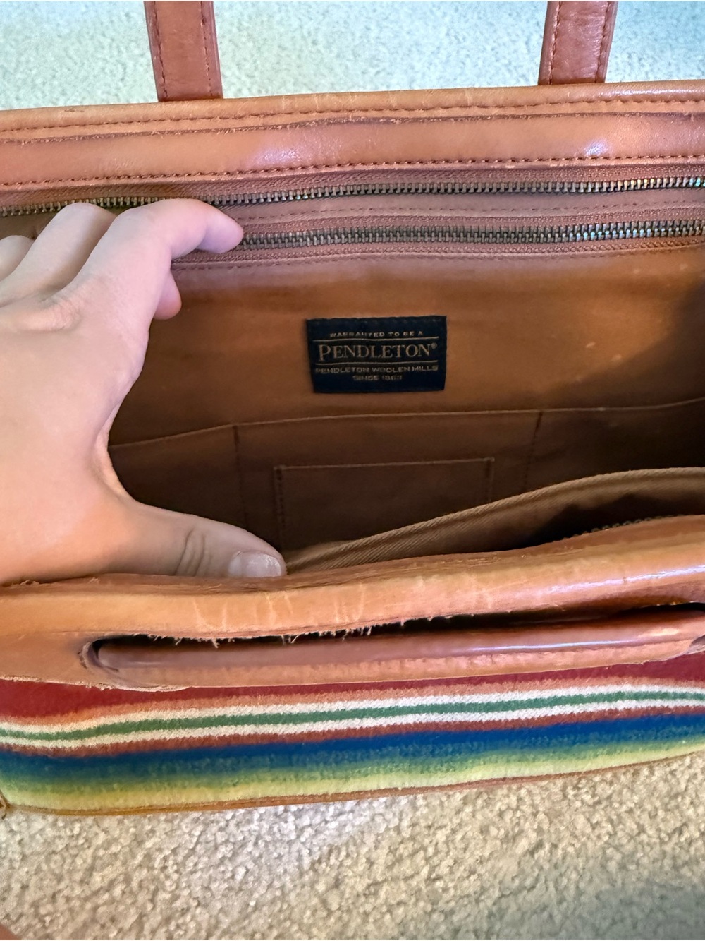 Pendleton Leather Crossbody Bag | Tan Leather + Wool Stripe - Picture 2 of 5
